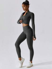 MASKERT Women's Set, Sports Set, Tight Fitting Set, Running Set, Yoga Set, High Elasticity, Skin Friendly And Comfortable - Flint Stone - View 3