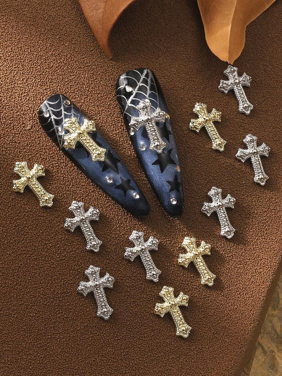 10pcs,20pcs,50pcs Gold And Silver Retro Dark Style Cross Nails Alloy Diamond European And American Punk Style Nail Decoration Alloy Rhinestone Nail Drill Y2k Metal Style DIY Nail Art Decoration Nail Flash Metal Diamond 3D Metal Nail Drill, Fake Nail Decoration Accessories Nail Gems Nail Supplies Nail Charms - Multicolor - View 1