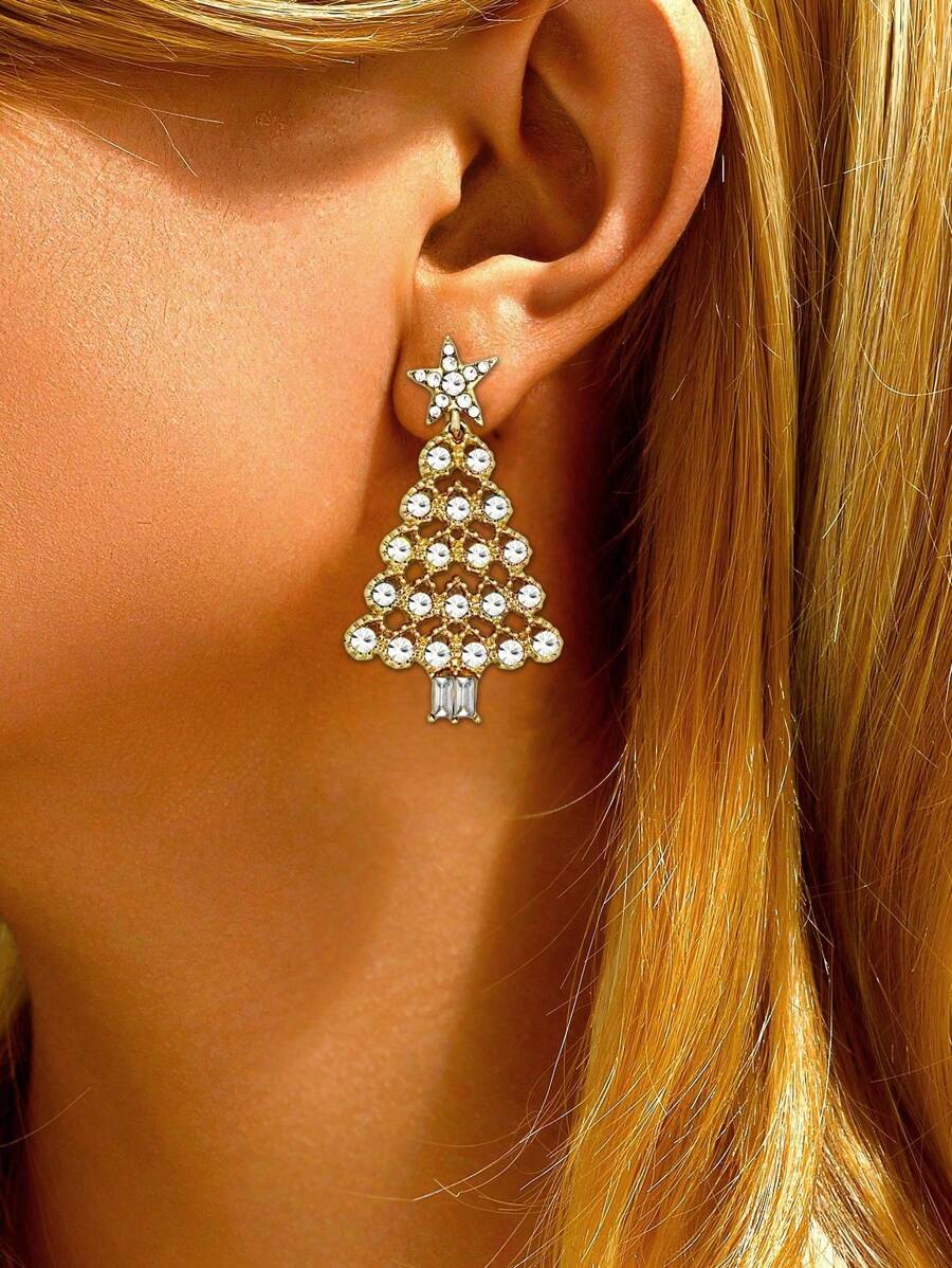 1 Cặp bông tai cây thông Noel pha lê kim loại sáng bóng, mùa đông - cây thông giáng sinh - Xem 1