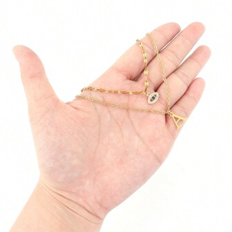 2Pcs/Set Simple Fashion Eye Initial Pendant Gold Color Stainless Steel Lip Chain Necklaces For Women