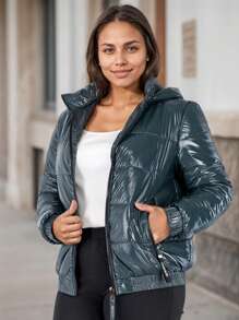 Damen Große Größen Gesteppter Mantel Winterjacke Kurze Kapuze Wattiert Leichtgewichtig