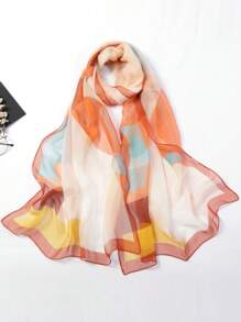 1pc Color Block Print Thin Scarf, Beach Sunscreen Travel Shawl Vintage Casual Long Chiffon Silk Geometric Patch Print Scarf Large Wrap, Summer Women Hair Accessories