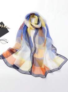 1pc Color Block Print Thin Scarf, Beach Sunscreen Travel Shawl Vintage Casual Long Chiffon Silk Geometric Patch Print Scarf Large Wrap, Summer Women Hair Accessories