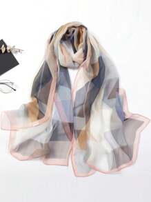 1pc Color Block Print Thin Scarf, Beach Sunscreen Travel Shawl Vintage Casual Long Chiffon Silk Geometric Patch Print Scarf Large Wrap, Summer Women Hair Accessories