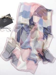 1pc Color Block Print Thin Scarf, Beach Sunscreen Travel Shawl Vintage Casual Long Chiffon Silk Geometric Patch Print Scarf Large Wrap, Summer Women Hair Accessories