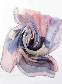 1pc Color Block Print Thin Scarf, Beach Sunscreen Travel Shawl Vintage Casual Long Chiffon Silk Geometric Patch Print Scarf Large Wrap, Summer Women Hair Accessories