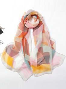 1pc Color Block Print Thin Scarf, Beach Sunscreen Travel Shawl Vintage Casual Long Chiffon Silk Geometric Patch Print Scarf Large Wrap, Summer Women Hair Accessories