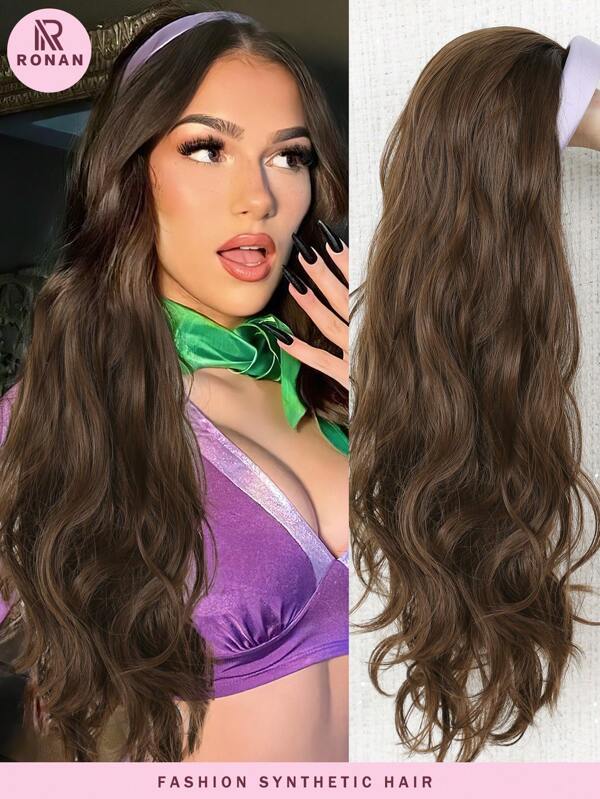 Peruca de cabelo castanho de 24 polegadas, faixa de cabeça roxa, peruca sintética longa e cacheada, peruca de fibra resistente ao calor e ondulada para mulheres, uso diário (faixa de cabeça removível)