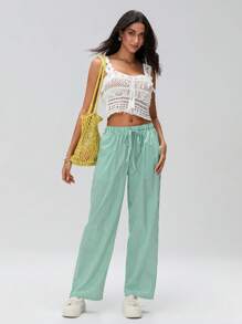 Women's Casual Stripe Print Wide Leg Pants Drawstring Elastic Waist Loose Straight Leg Long Pants With Pockets Streetwear