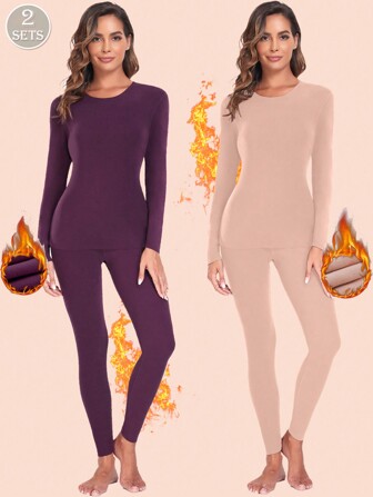 2pcs Women's Thermal Underwear Set, Long Sleeve Top And Long Pants, Soft And Warm Lining, Base Layer For Cold Weather