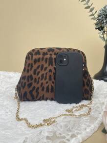 duke bear 1件装休闲时尚豹纹图案女士手拿包、手提包、吻锁包、单肩包、斜挎包，配有可拆卸链条肩带，适合青少年和女士使用。 - 棕色 - 查看 10