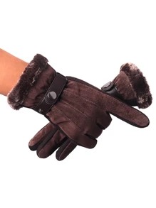 男士保暖内衬骑行手套，冬季保暖，厚 PU 皮革和毛皮，适合摩托车和山地运动，冬季暖手器