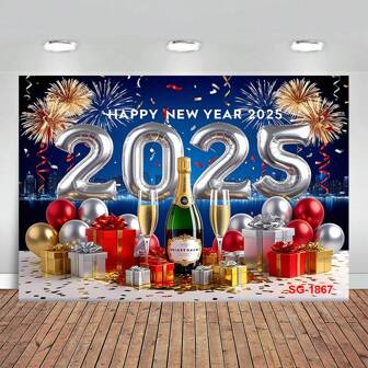 新年快乐背景 2025 新年派对装饰横幅黑色和金色新年快乐除夕横幅白色和金色气球闪光新年背景