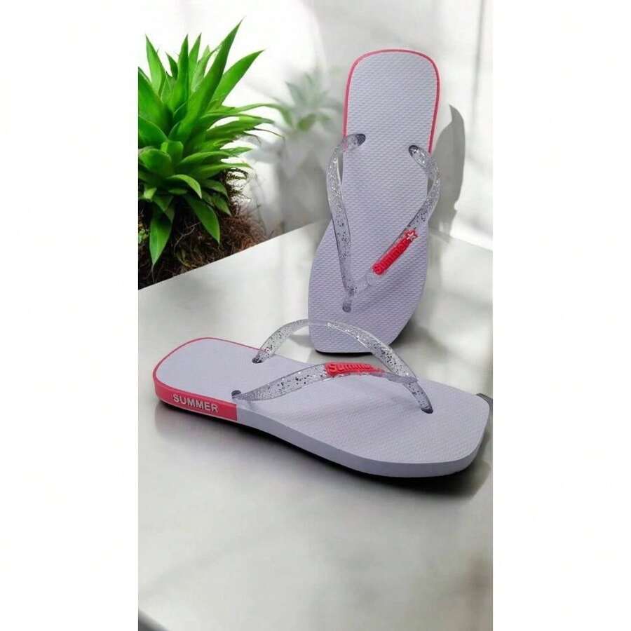 Personalized Women's Flip Flops In Stylish Shiny Glitter - Trắng/Hồng - Xem 1