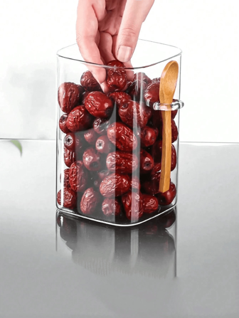 1PC Square Glass Storage Containers With Spoon And Bamboo Lid For Food Coffee Grains Kitchen Storage Container Organize