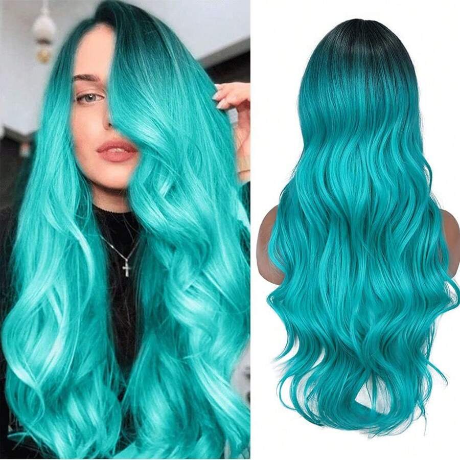 Ombre Bluish Green Wig Long Wavy Side Part Wig Heat Resistant Synthetic Hair Teal Blue Wig Mermaid Wigs For Women (Ombre Bluish Green) - 漸層藍色 - 查看 1