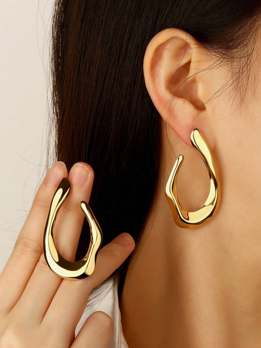 VceTd 1 Pair Minimalist Asymmetrical Water Drop Stainless Steel Earrings, Elegant Style Suitable For Women's Daily Wear Or Party Occasions, Also Makes A Great Gift - Yellow Gold - View 1