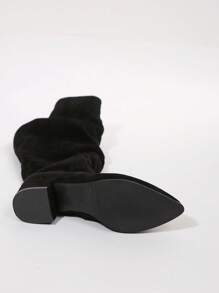 Women Ruched Mid-Calf Chunky Heel Boots, Black Fashion Comfy Pull-On Knee High Heeled Boots