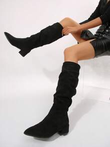 Women Ruched Mid-Calf Chunky Heel Boots, Black Fashion Comfy Pull-On Knee High Heeled Boots