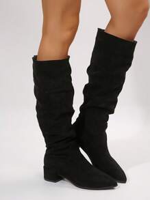 Women Ruched Mid-Calf Chunky Heel Boots, Black Fashion Comfy Pull-On Knee High Heeled Boots