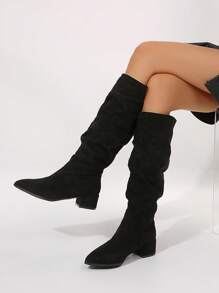 Women Ruched Mid-Calf Chunky Heel Boots, Black Fashion Comfy Pull-On Knee High Heeled Boots