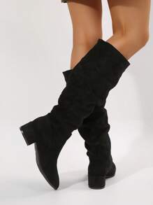 Women Ruched Mid-Calf Chunky Heel Boots, Black Fashion Comfy Pull-On Knee High Heeled Boots