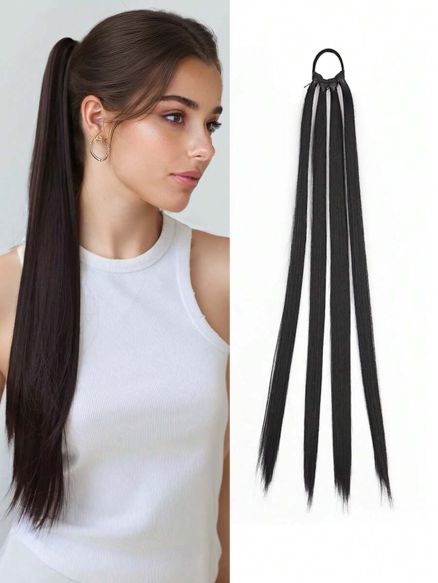 Extensions de queue de cheval droites synthétiques, Longue queue de cheval avec élastique, peut