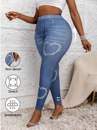 Plus Size Women Denim Effect Heart Print Elastic Waist Soft Skinny Solid Color Leggings