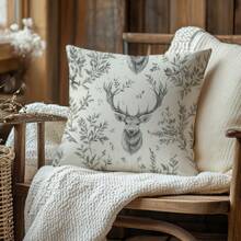 1 件极简主义复古乡村树叶和鹿装饰抱枕套，柔软的桃色天鹅绒面料，单面印花，40*40/45*45/50*50 厘米枕套，圣诞礼物