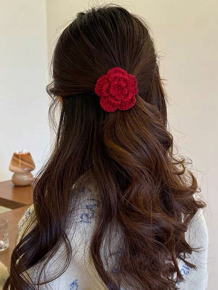 1 件时尚针织花卉发夹，适合日常佩戴 - 彩色 - 查看 1