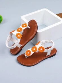 1 双女童拼色花卉图案松紧带平底沙滩凉鞋，夏季新品 - 白色 - 查看 8