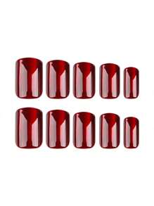 24 件短方形按压指甲，带血红色纯色亮面漆猫眼设计假指甲简单 Y2k 风格假指甲适合日常使用 - 玫瑰紅 - 查看 4