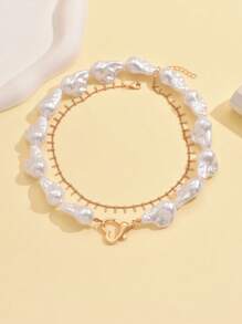 Bộ 2 chiếc/Bộ vòng cổ ngọc trai phong cách Baroque, có móc cài hình trái tim, vòng cổ hạt sang trọng, trang sức thời trang cho phụ nữ, thích hợp cho tiệc tối và hàng ngày - Nhiều màu - Xem 3