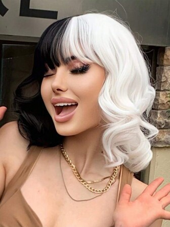 Black And White Color Wave Mid-Length Hair 12 Inch With Bangs For Cosplay Party Daily Wear