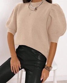 Women's Short Sleeved Sweater Top Knitted Round Neck Loose And Lightweight Pullover With Bubble Sleeves Basic Casual Work Shirt The Spring And Autumn Annals - Màu Khaki - Xem 3