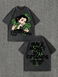 Vintage stil mäns nödställda brev & seriefigur tryck rundhalsad kortärmad T-shirt