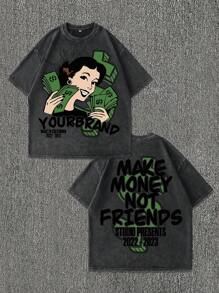 Hemo, Vintage Style Men's Washed Distressed Letter & Cartoon Character Print Round Neck Short Sleeve T-Shirt - Black - View 1