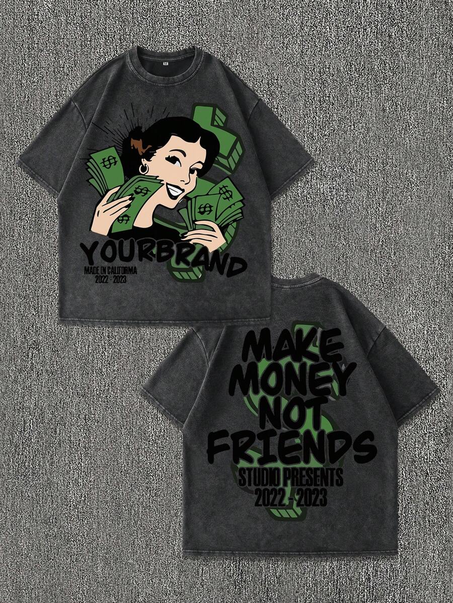 Hemo, Vintage Style Men's Washed Distressed Letter & Cartoon Character Print Round Neck Short Sleeve T-Shirt - Black - View 1