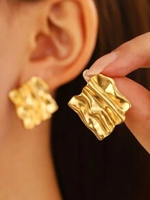 1 par de pendientes asimétricos cuadrados minimalistas de acero inoxidable plegables, adecuados para el uso diario o fiestas de las mujeres, un gran regalo para ella - HQ6013 - Ver 1