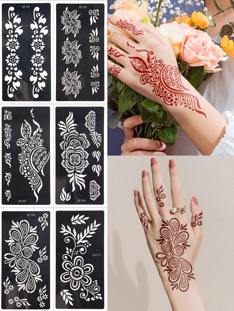 Bộ 6 tờ/gói hình xăm tạm thời, hình xăm rỗng Henna hoa văn trang trí cơ thể và thiết kế Mehndi