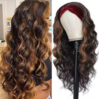 Long Wave Headband Wigs For Women Glueless Synthetic Headband Wig Black Mix Brown Highlight Color Hair Ready To Wear Wigs Loose Body Wavy Glueless Wigs Daily Party Wear (B6/3027)