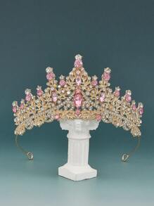1 pieza Corona de aleación con cristal de diamante en forma de lágrima color rosa fashionable, adecuada para que las mujeres la usen en bodas, cumpleaños, fiestas