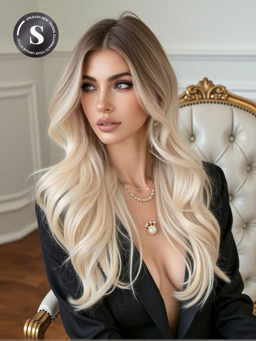 26-Inch White Blonde Medium Part Long Curly Synthetic Hair Replacement Wig For Women Halloween Christmas - Blonde Ombre - View 1