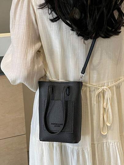 حقيبة جلدية بنسيج تكسير مصغرة قطعة واحدة، لون أحادي، حقيبة كاجوال محمولة للكتف مع تخزين للهاتف