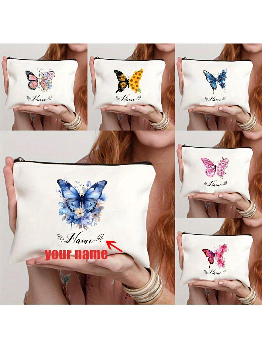 Customizable Butterfly Cosmetic Bag - Durable Polyester, Fashionable Toiletry Pouch, Machine Washable, Foldable, With Zipper Closure, Ideal For Travel And Gifts - Beige - View 1