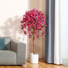 5FT Artificial Tree Tall Potted Fake Bougainvillea Trees For Outdoor Indoor Office Wedding Home Decor Lifelike Faux Plants With Wood Trunk And Pink Flowers - 綠色 - 查看 5