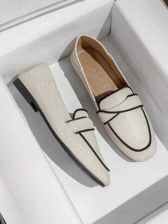 Mengshangli 宽版平底皮革乐福鞋，女式一脚蹬软底平底鞋