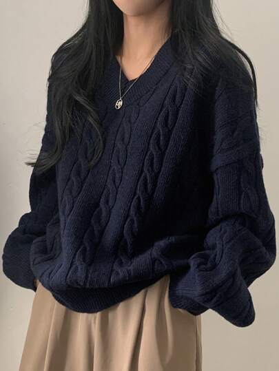 EAVA 캐주얼하고 편안한 루즈핏 니트 탑, 심플한 V넥 여성용, 올드 머니 스타일