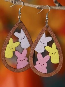 1 对木制复古兔子镂空水滴吊坠耳环，送给伴侣的礼物