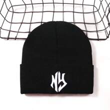 1pc Knitted NY Letter Embroidered Beanie Hat, Popular Autumn/Winter Fashion Unisex Street Style, Multi-Color, Warm & Windproof Fall Outfit